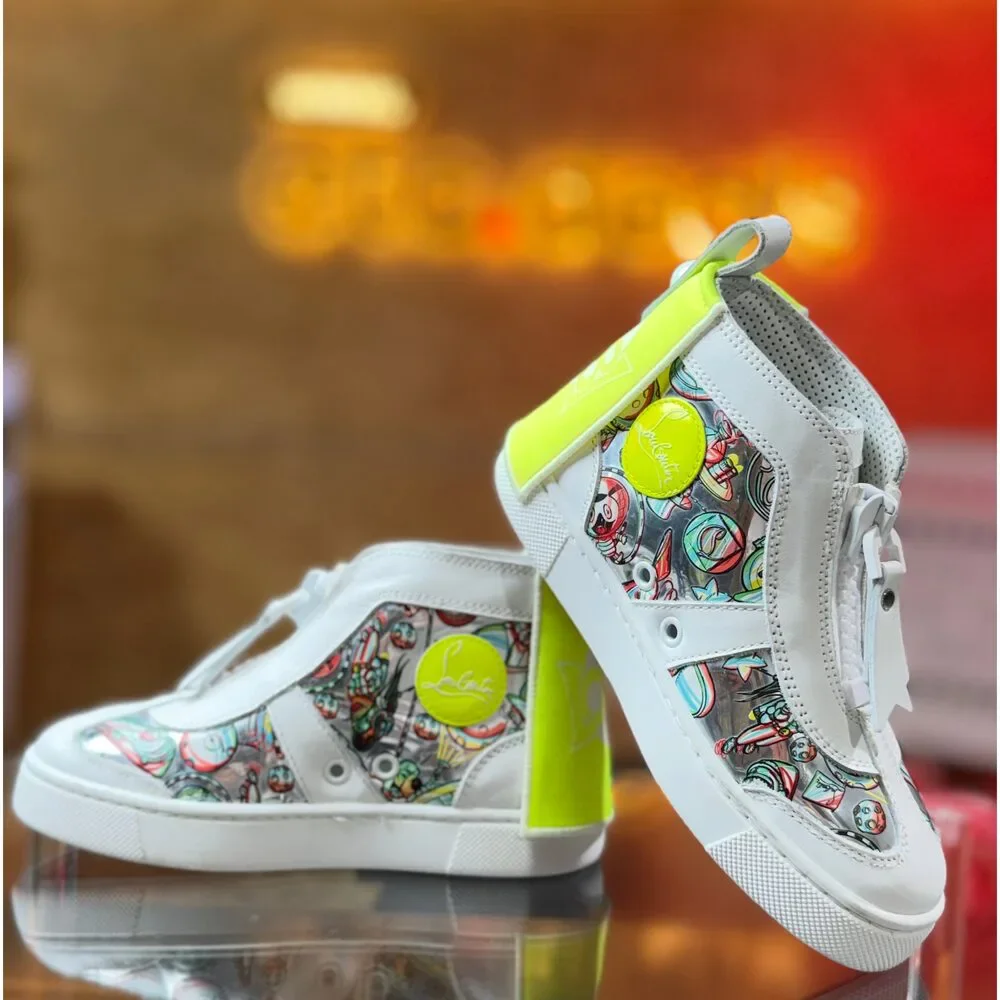 Christian Louboutin Loubi Kids High Top Sneakers White Neon Yellow Space Print